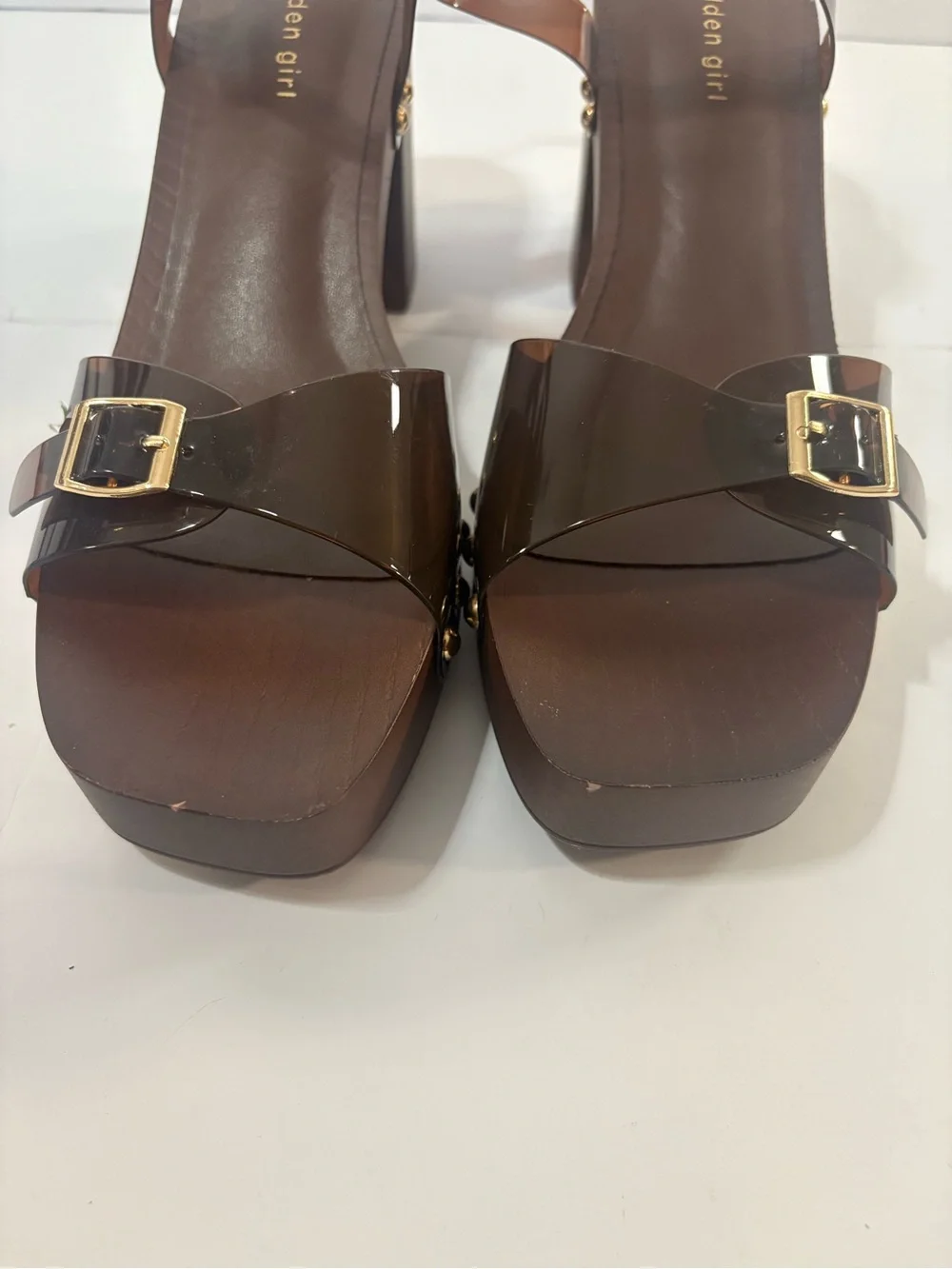 Madden Girl Brown Studded Platform Block Heel Buckle Ankle Strap Sandals